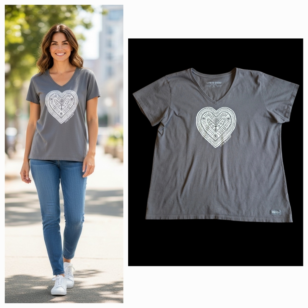 Life Is Good Crusher T-Shirt Heart Gray Primal Celtic Abstract Women's Size XL